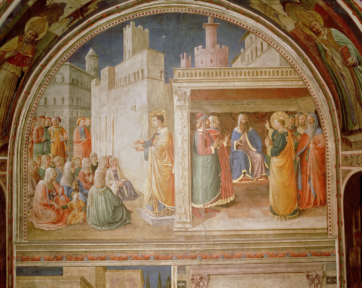 St. Stefanus predikt en St. Stefanus spreekt de Raad toe door Fra Angelico