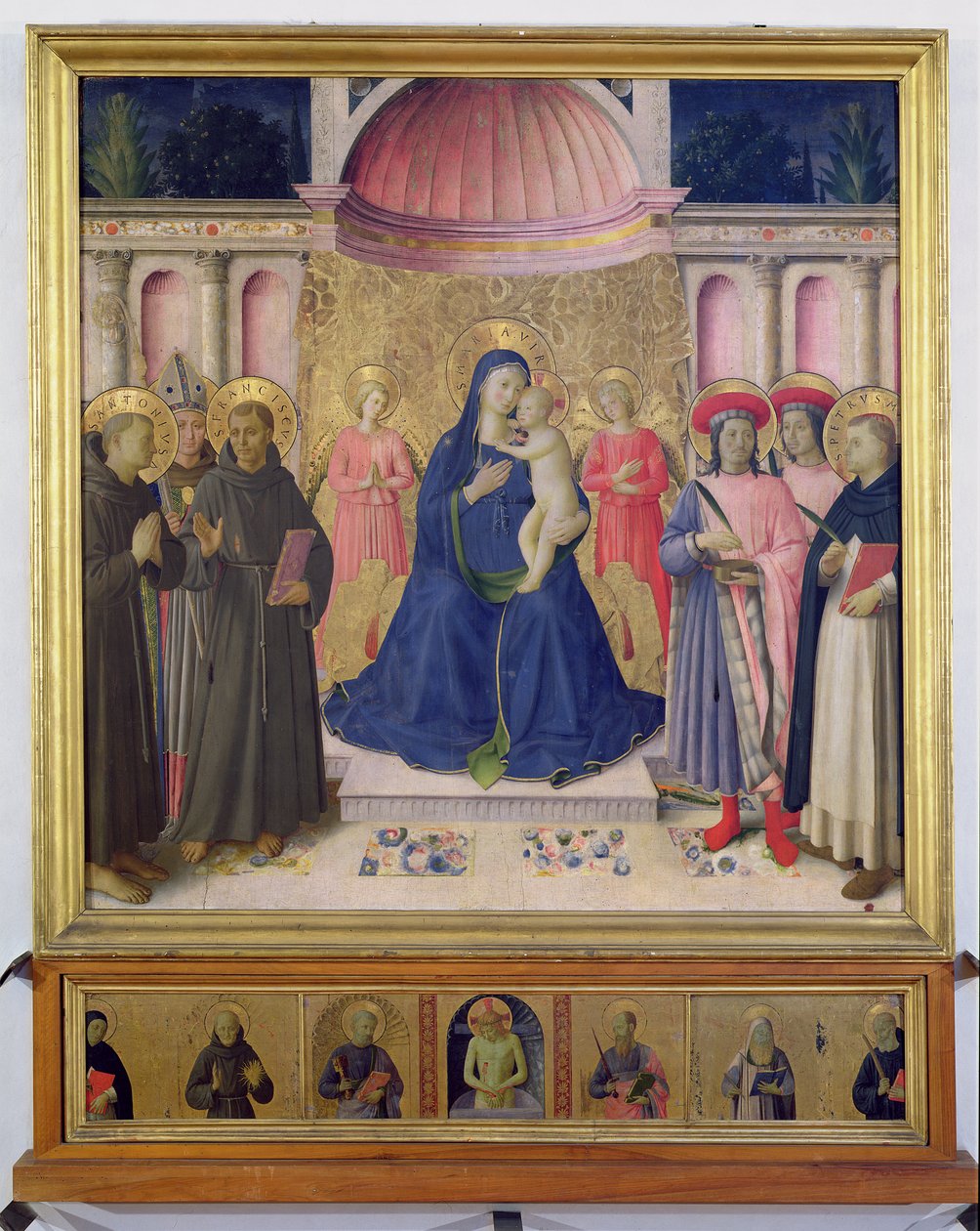 Het Bosco ai Frati Altaarstuk: De Maagd en het Kind op de troon met twee engelen tussen de heiligen Antonius van Padua, Lodewijk van Toulouse en Franciscus en de heiligen Cosmas en Damianus en Petrus de Martelaar, 1452 door Fra Angelico