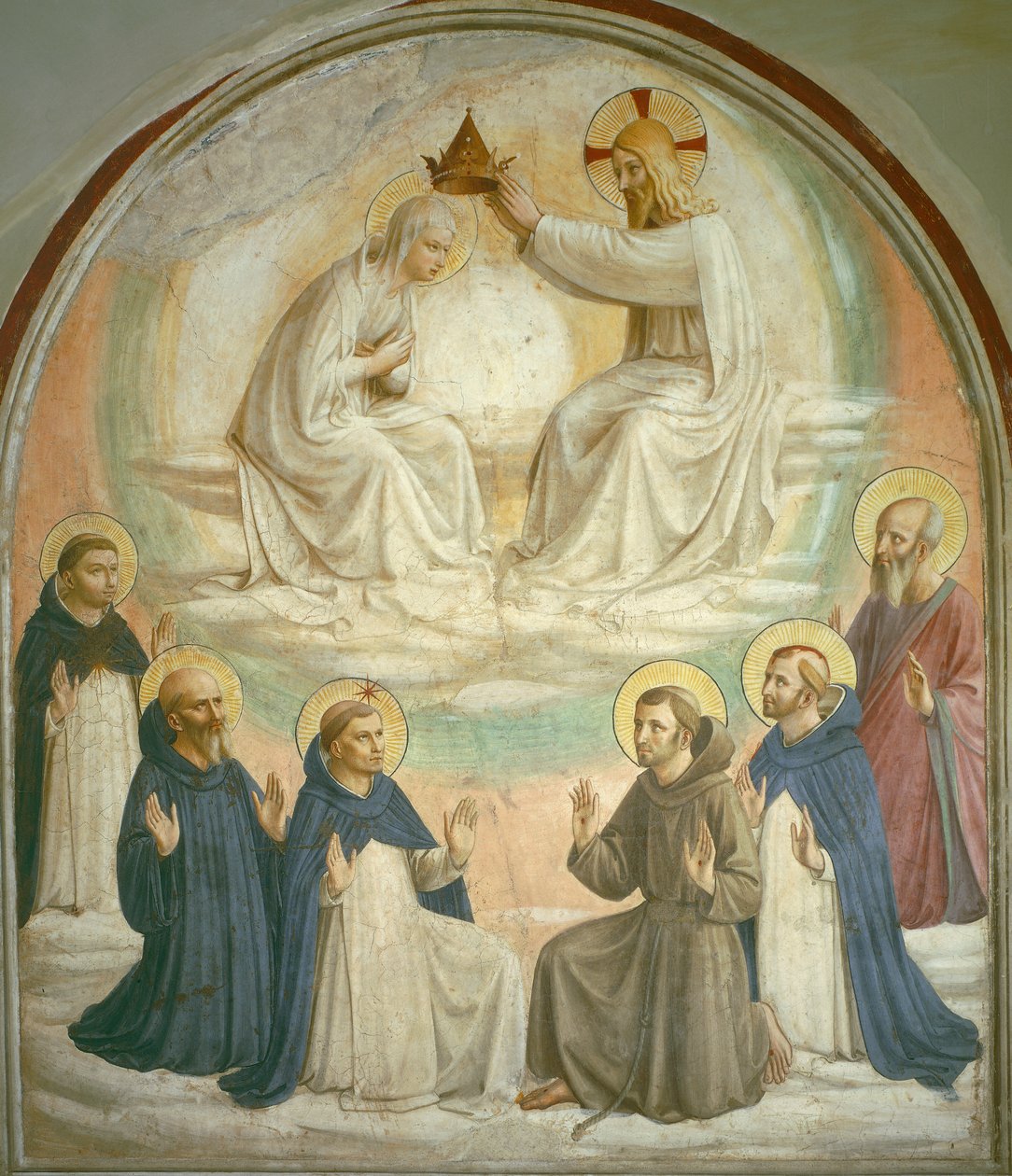De kroning van de Maagd, met heiligen Thomas, Benedictus, Dominicus, Franciscus, Petrus de Martelaar en Paulus, 1442 door Fra Angelico
