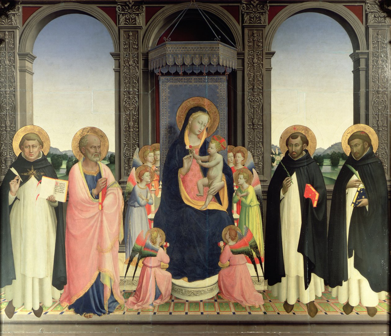 Maagd en Kind op de troon met engelen en St. Thomas van Aquino, St. Barnabas, St. Dominicus en St. Petrus Martelaar, c.1422 door Fra Angelico