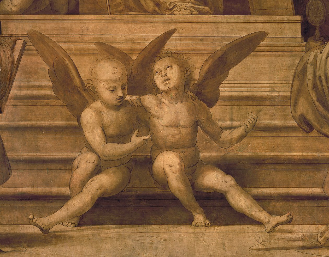 Detail van twee engelen uit Palazzo del Gran Consiglio (pen en was) door Fra Bartolommeo