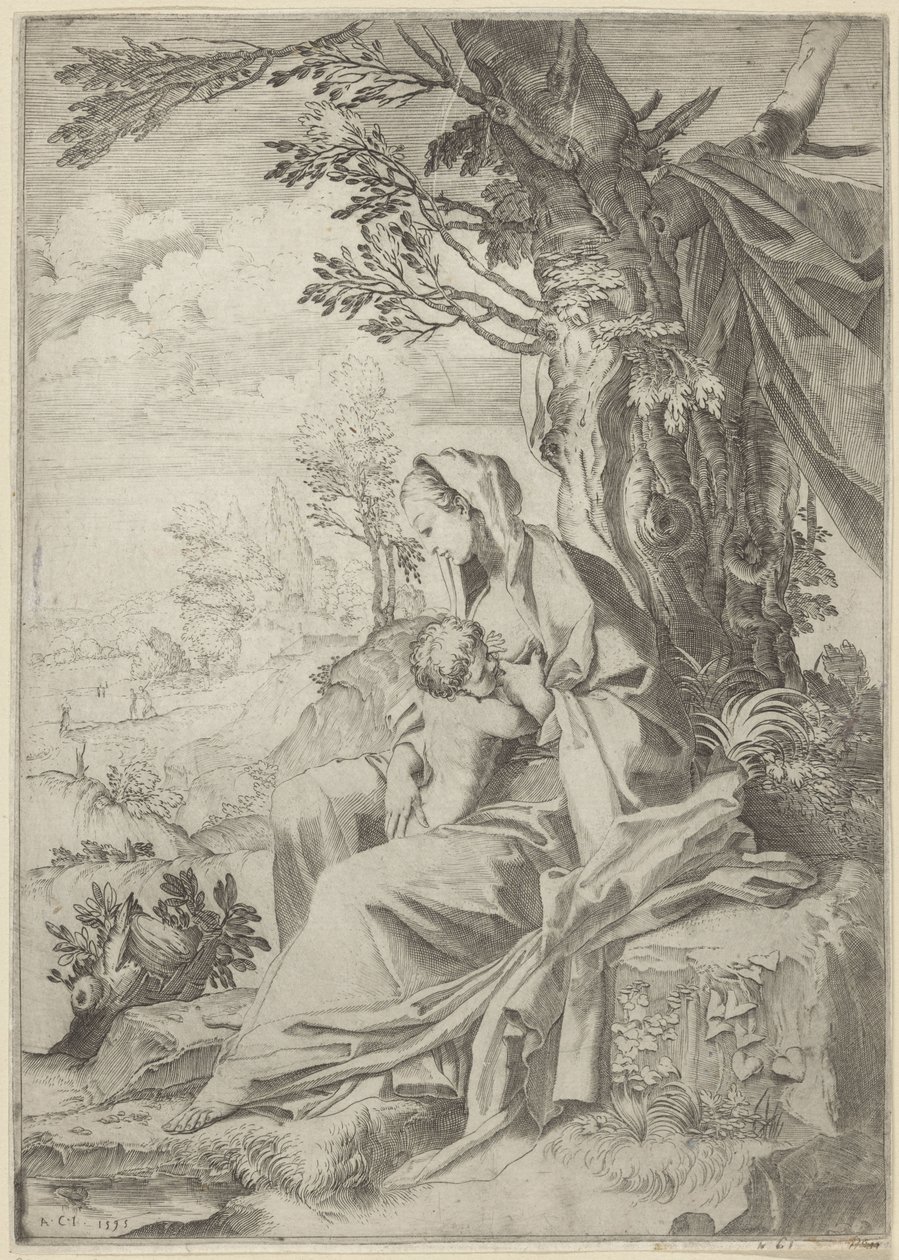 Maria zoogt het Christuskind in een landschap door Francesco Brizio
