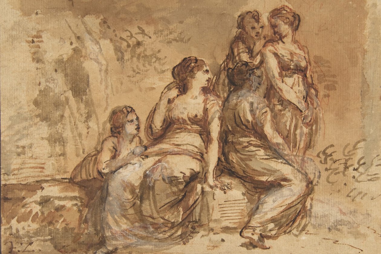 Vijf jonge vrouwen in een landschap door Francesco Zuccarelli