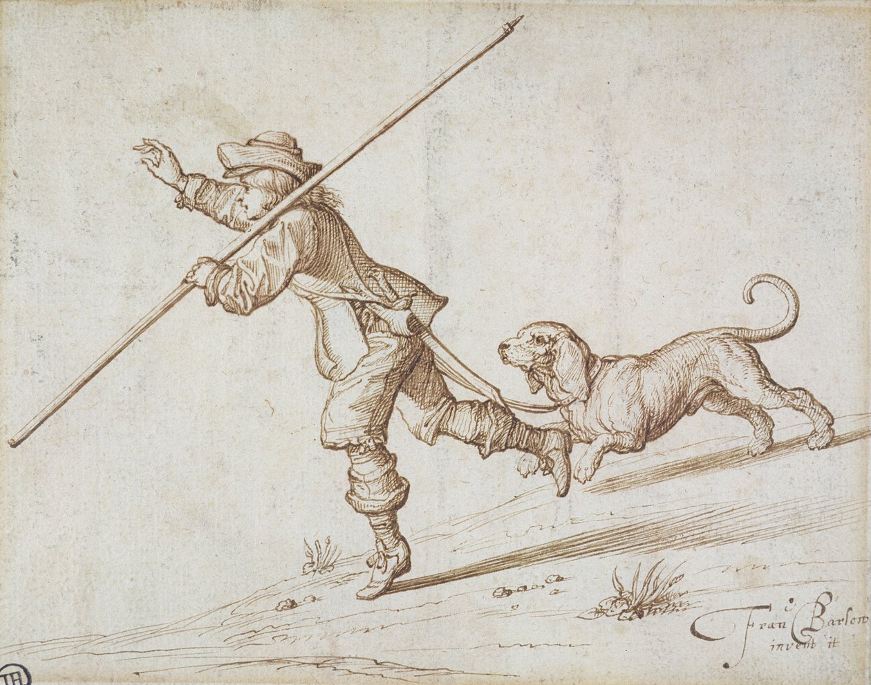 Man die Jaagt met een Puntige Staf en een Hond door Francis Barlow