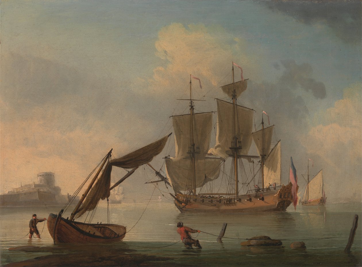 Een Engelse Sloep Stilgevallen nabij de Kust door Francis Swaine