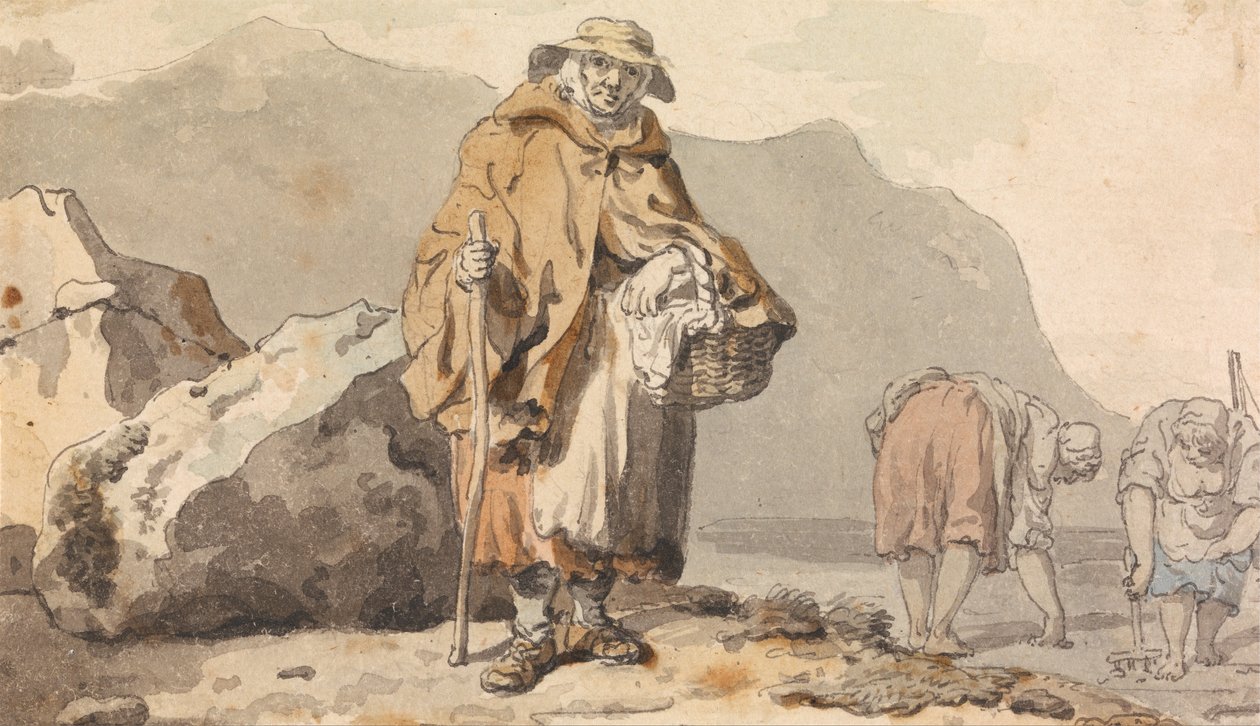 Een oude visvrouw met twee vrouwen die aas graven door Francis Wheatley