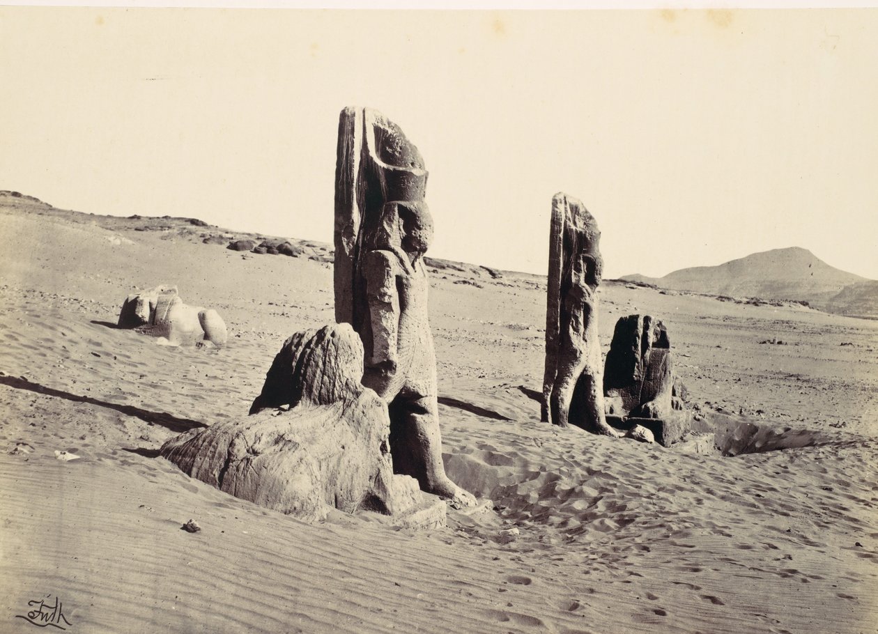 Kolossen en Sfinx bij Wady Saboua, 1857 door Francis Frith