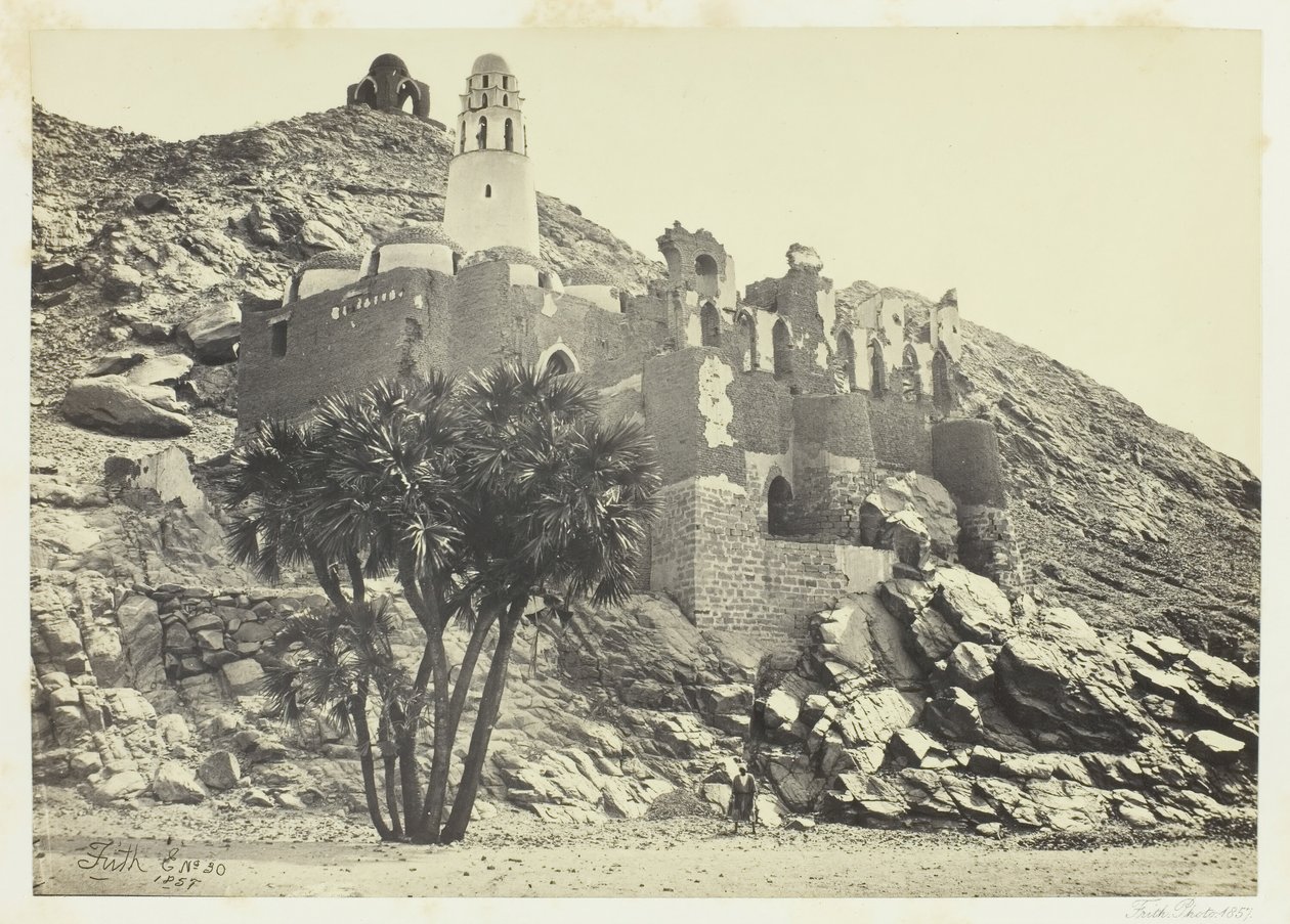 Doumpalm en Verwoeste Moskee, Philæ, 1857 door Francis Frith