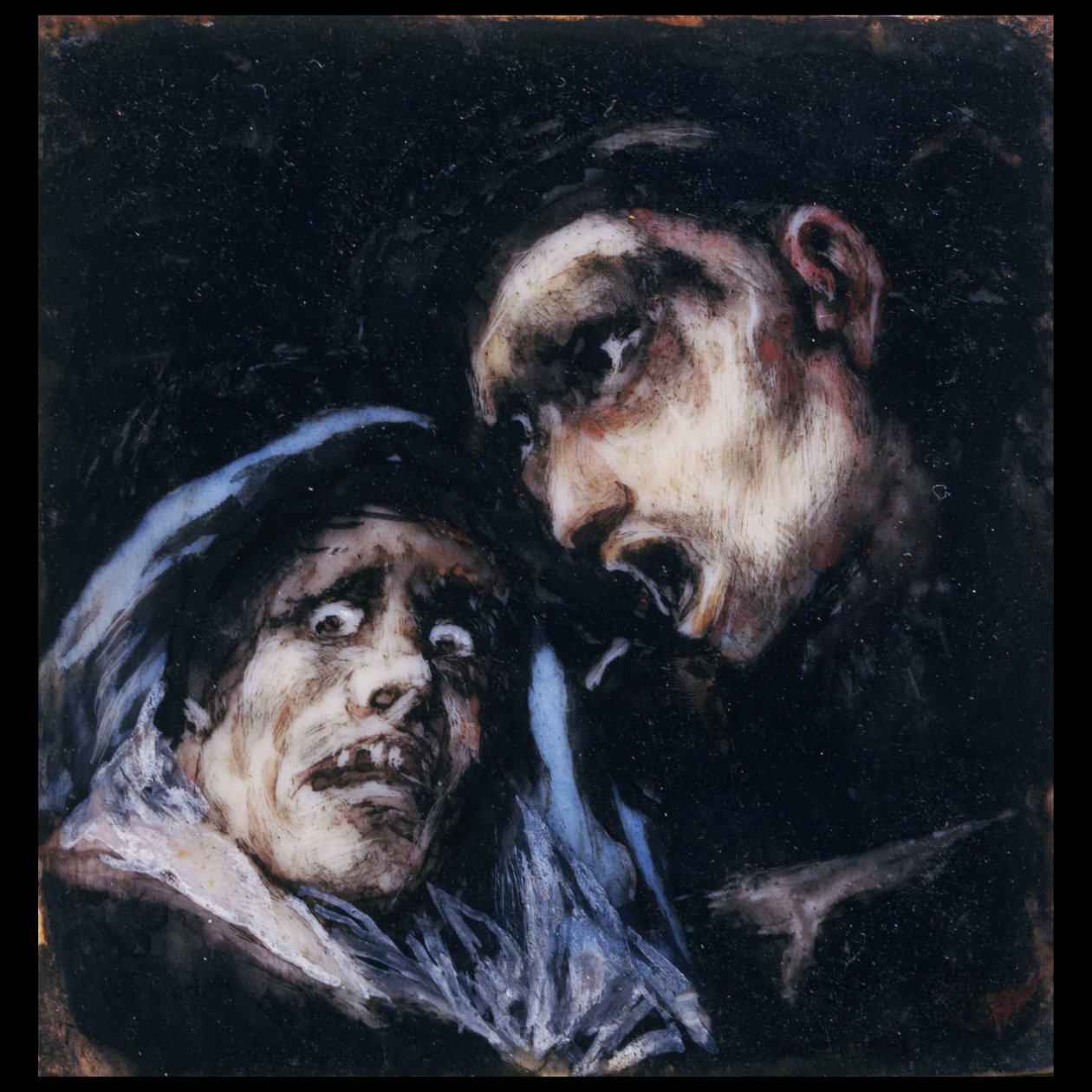 Monnik die met een oude vrouw praat door Francisco de Goya