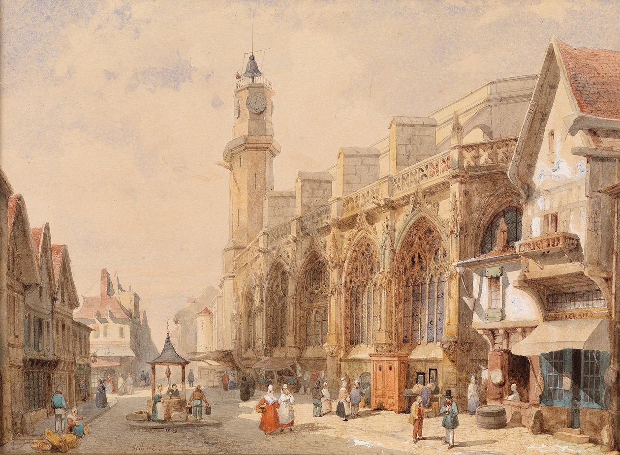 Franse dorpsstraat met een kathedraal door Francois Etienne Villeret