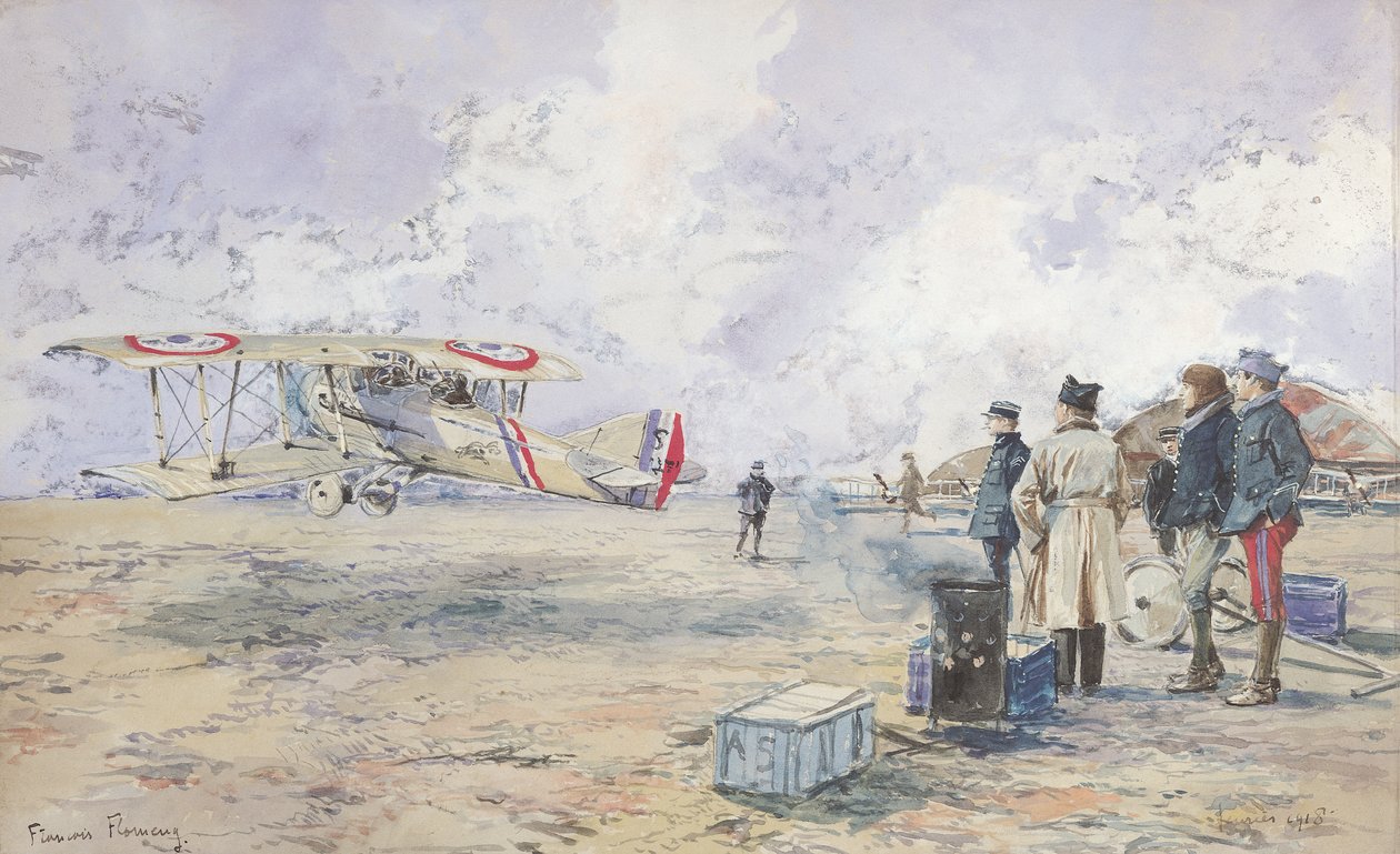 Een Vliegtuig dat opstijgt, 1913 door Francois Flameng