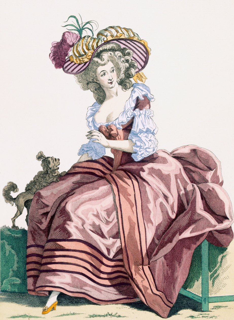 Elegante karamelkleurige satijnen jurk van een dame, gegraveerd door Le Beau, plaat nr. 172 uit 