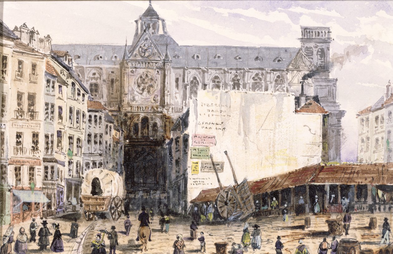 Uitzicht op St. Eustache gezien vanaf de Rue Montmartre, 1830 door Francois Louis Thomas Francia