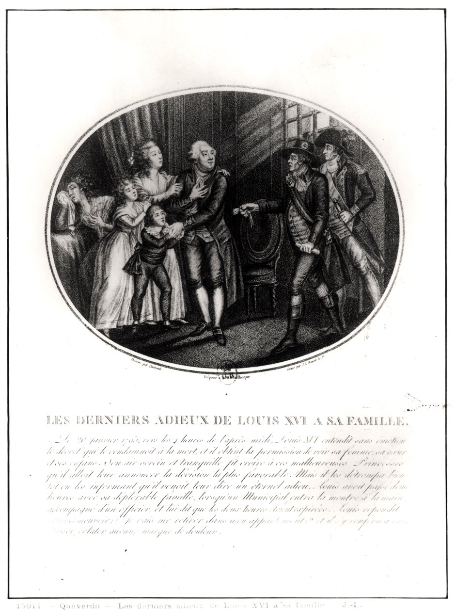 Het laatste afscheid van Lodewijk XVI (1754-93) aan zijn familie, 20 januari 1793, gegraveerd door J. L. Benoist (fl.1800-40) door Francois Maria Isidore Queverdo
