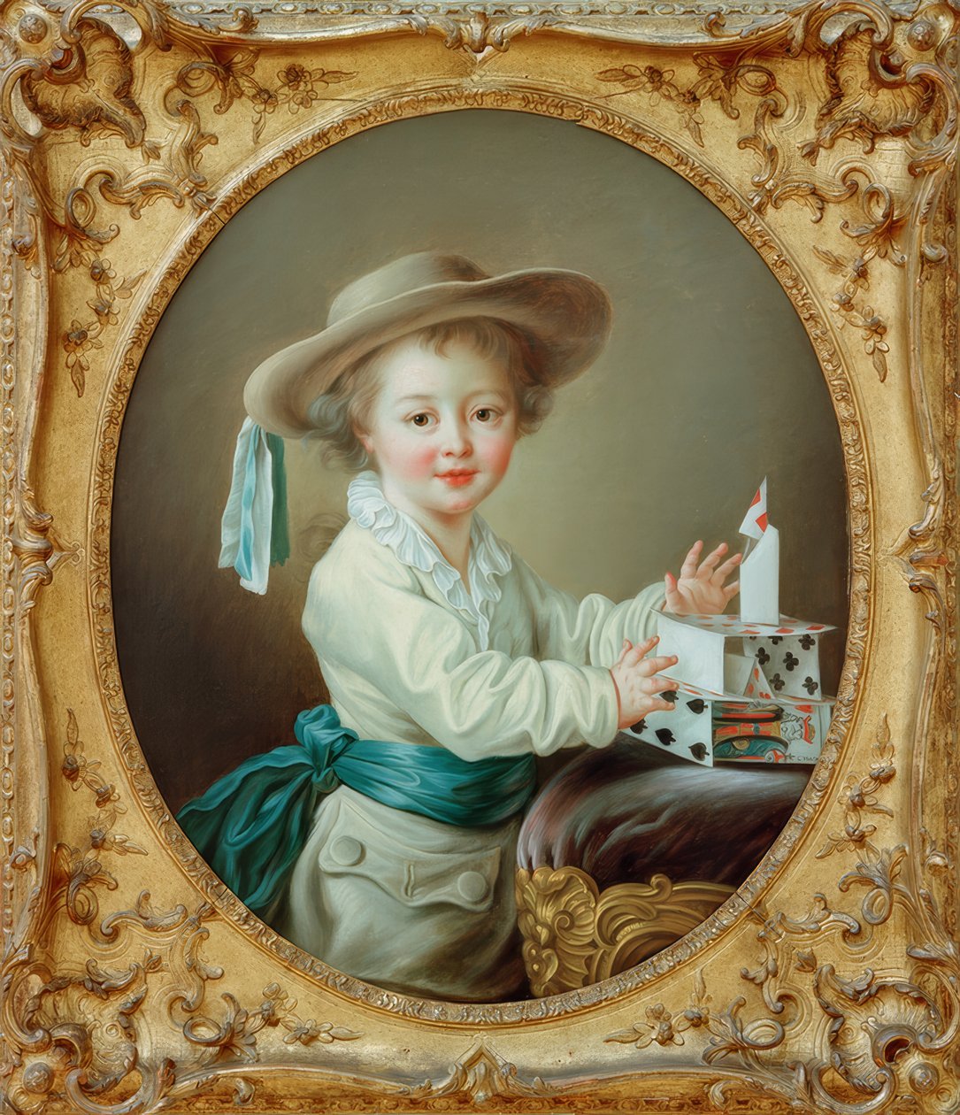 Kleine jongen bouwt een kaartenhuis door Francois Hubert Drouais