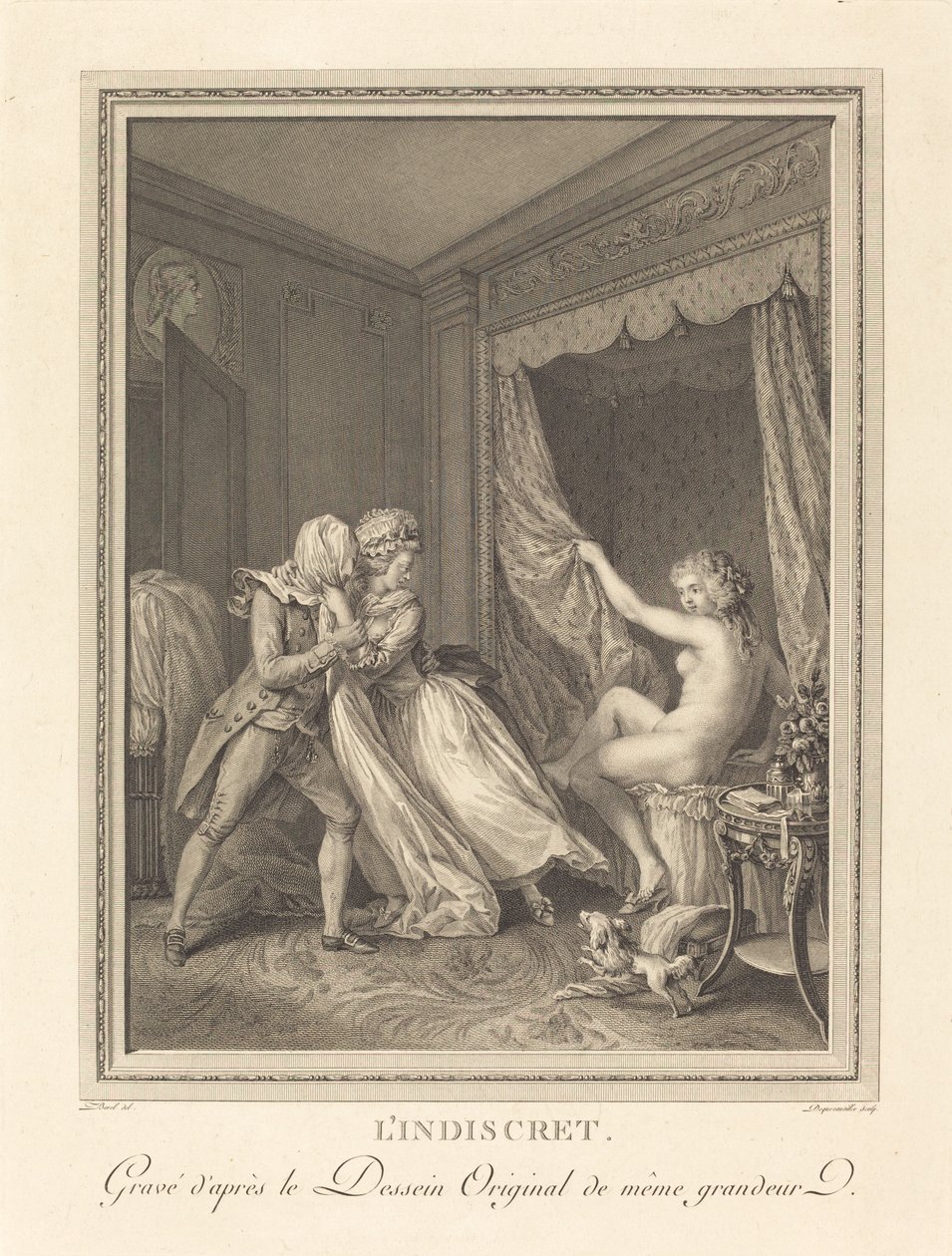 De onbescheiden door Francois Nicolas Barthelemy Dequevauviller after Antoine Borel