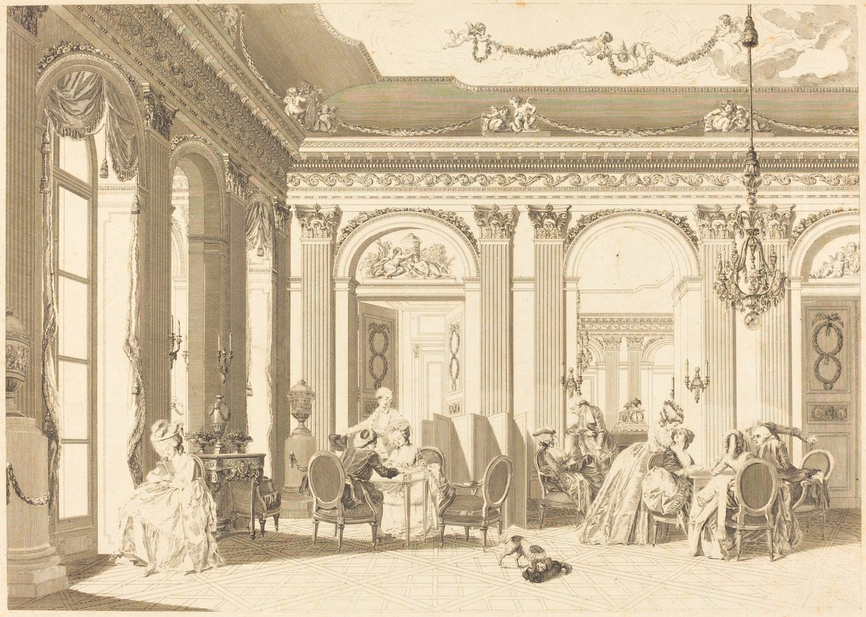 De bijeenkomst in de salon door Francois Nicolas Barthelemy Dequevauviller after Nicolas Lavreince