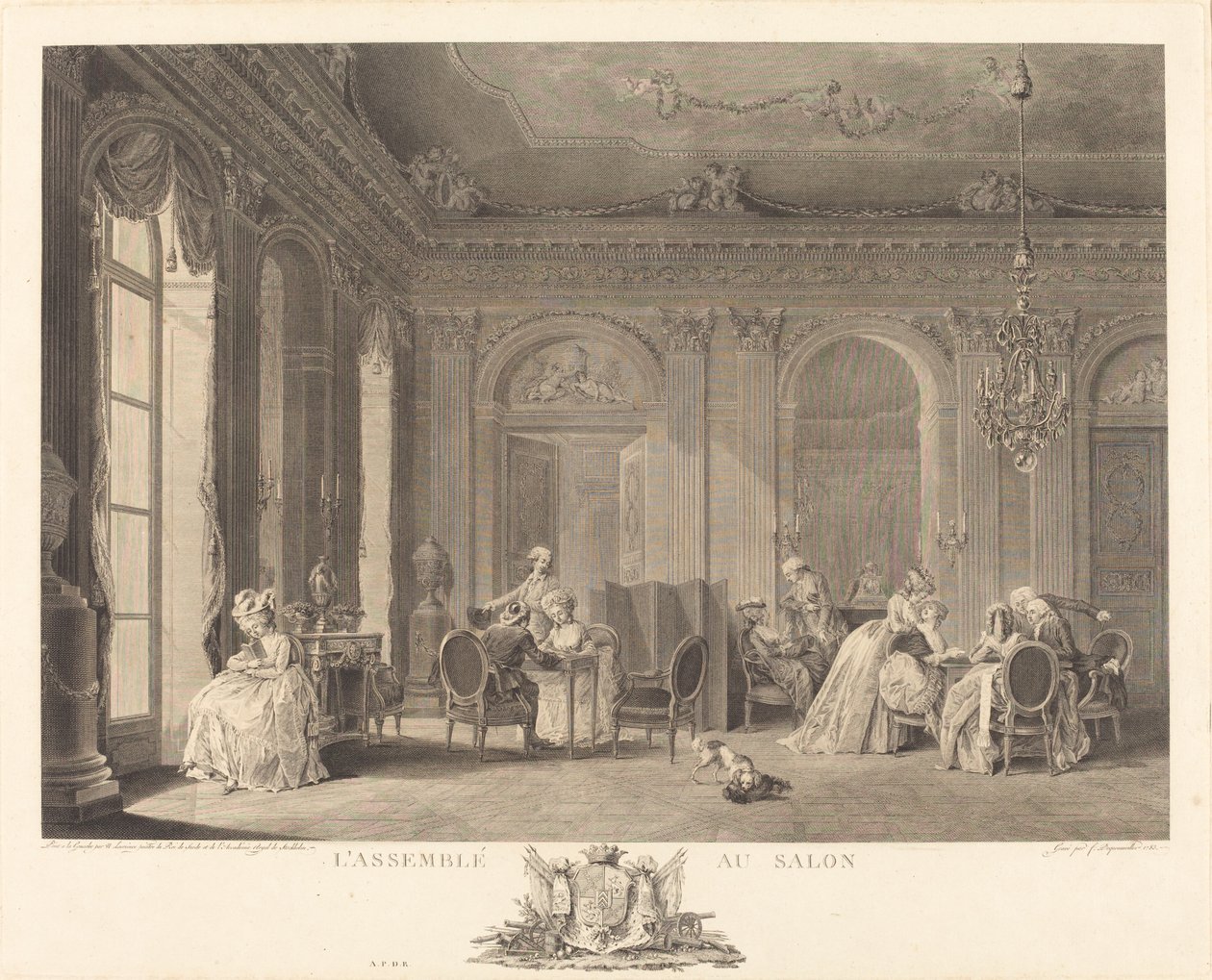 De Bijeenkomst in de Salon door Francois Nicolas Barthelemy Dequevauviller after Nicolas Lavreince