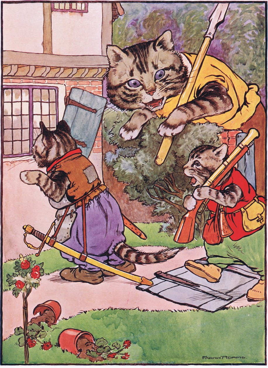 Een kat met haar kittens sluipt naar het huis, illustratie uit 