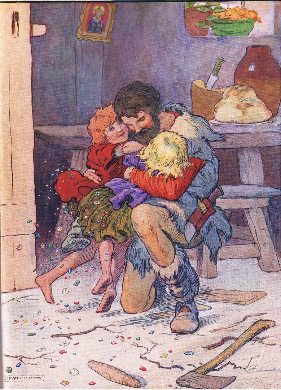 De deur openbrekend wierpen ze zich in de armen van hun vader, uit Hans en Grietje gepubliceerd door Blackie & Son Limited, ca. 1940 door Frank Adams