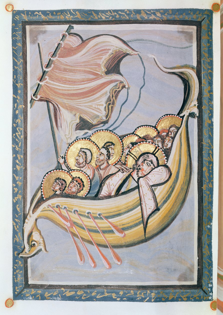 De storm op zee, uit het Evangelie van de Abdis Hitda, c.1020 door Frankish School