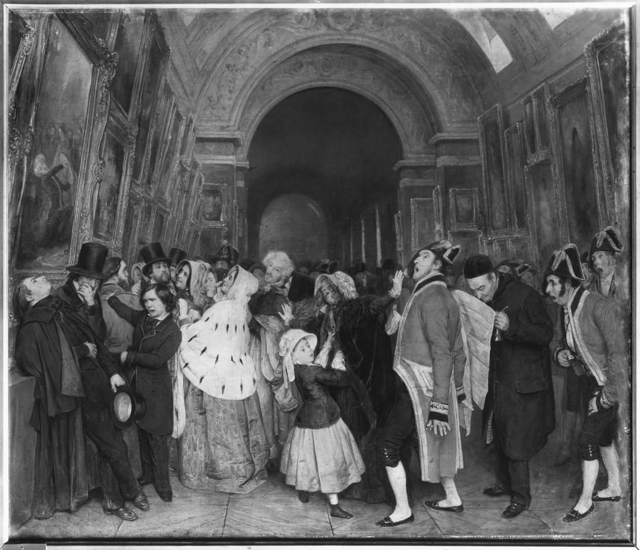 Vier uur, ook bekend als Sluiting van het jaarlijkse Salon van Schilderkunst deels geïnstalleerd toen in de Grote Galerij van het Louvre, c.1847 door François Auguste Biard