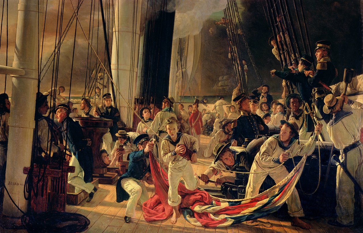 Op het dek tijdens een zeeslag, 1855 door François Auguste Biard
