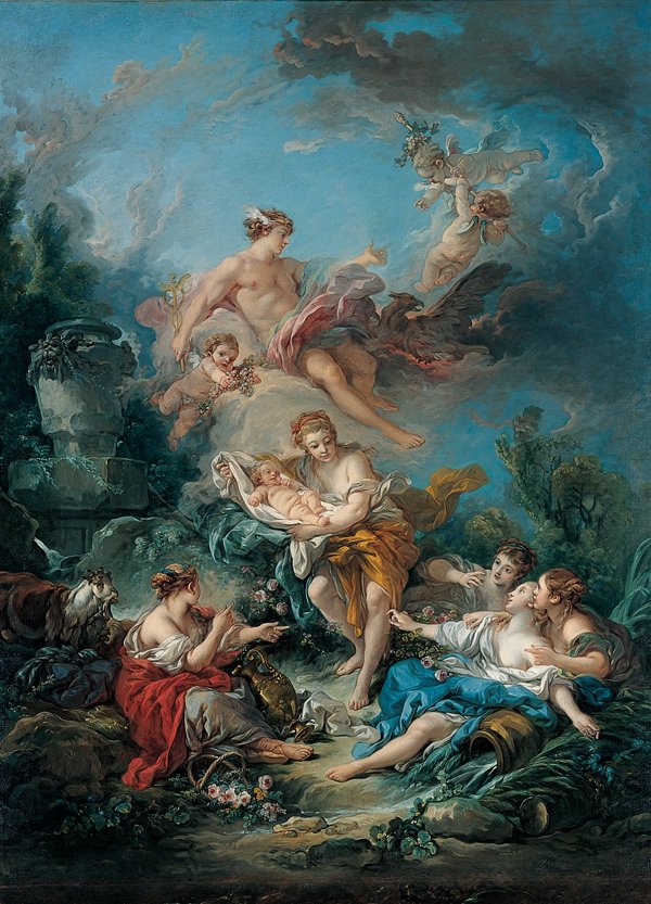 Mercurius vertrouwt de jonge Bacchus toe aan de nimfen van Nysa door François Boucher