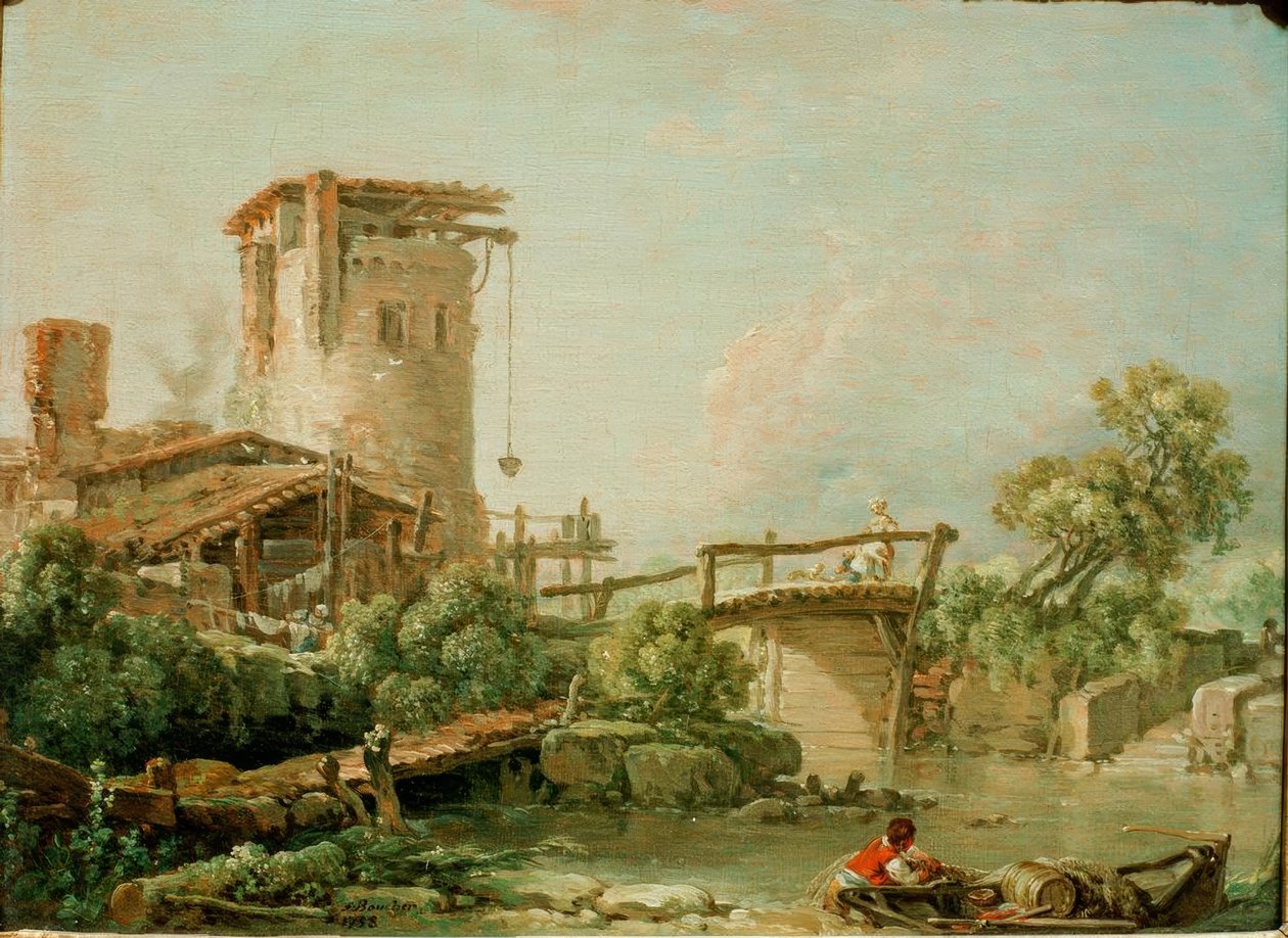 Landschap met toren en brug door François Boucher
