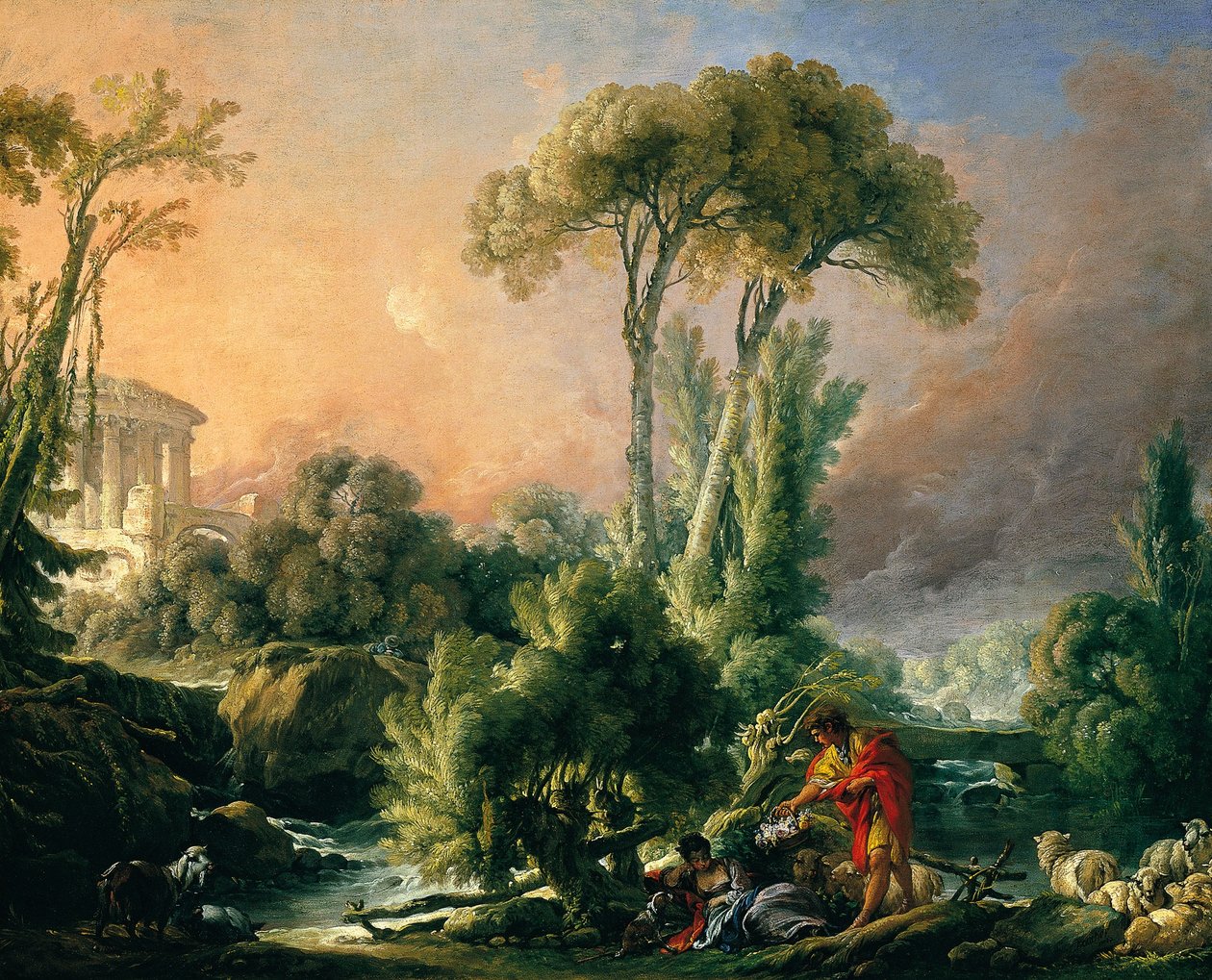 Rivierlandschap met antieke tempel door François Boucher