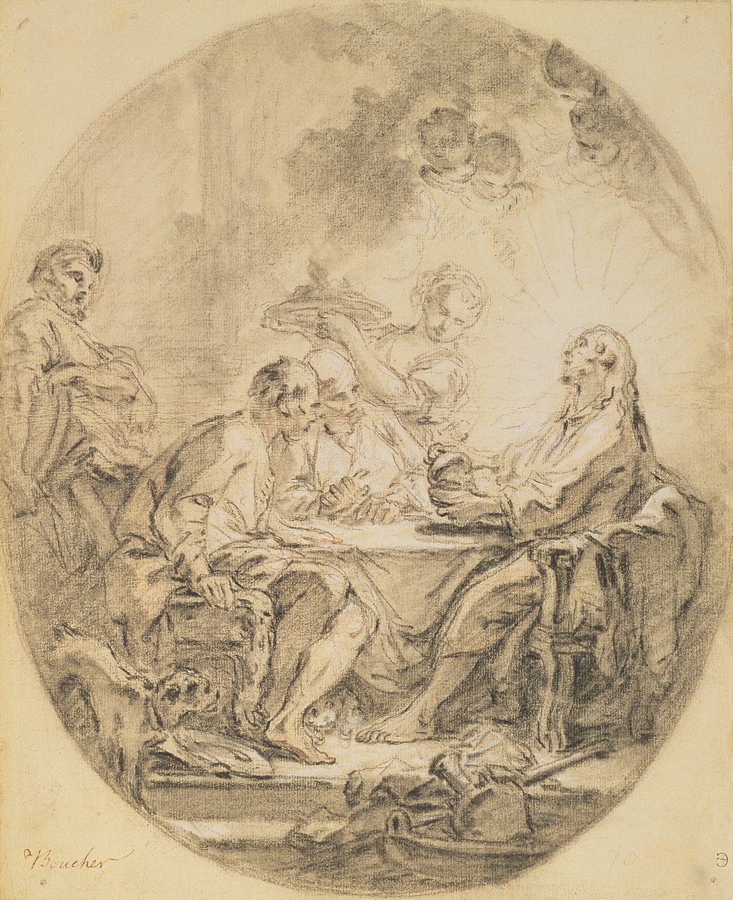 Pelgrims in Emmaüs (zwart-wit krijt en sanguine) door François Boucher