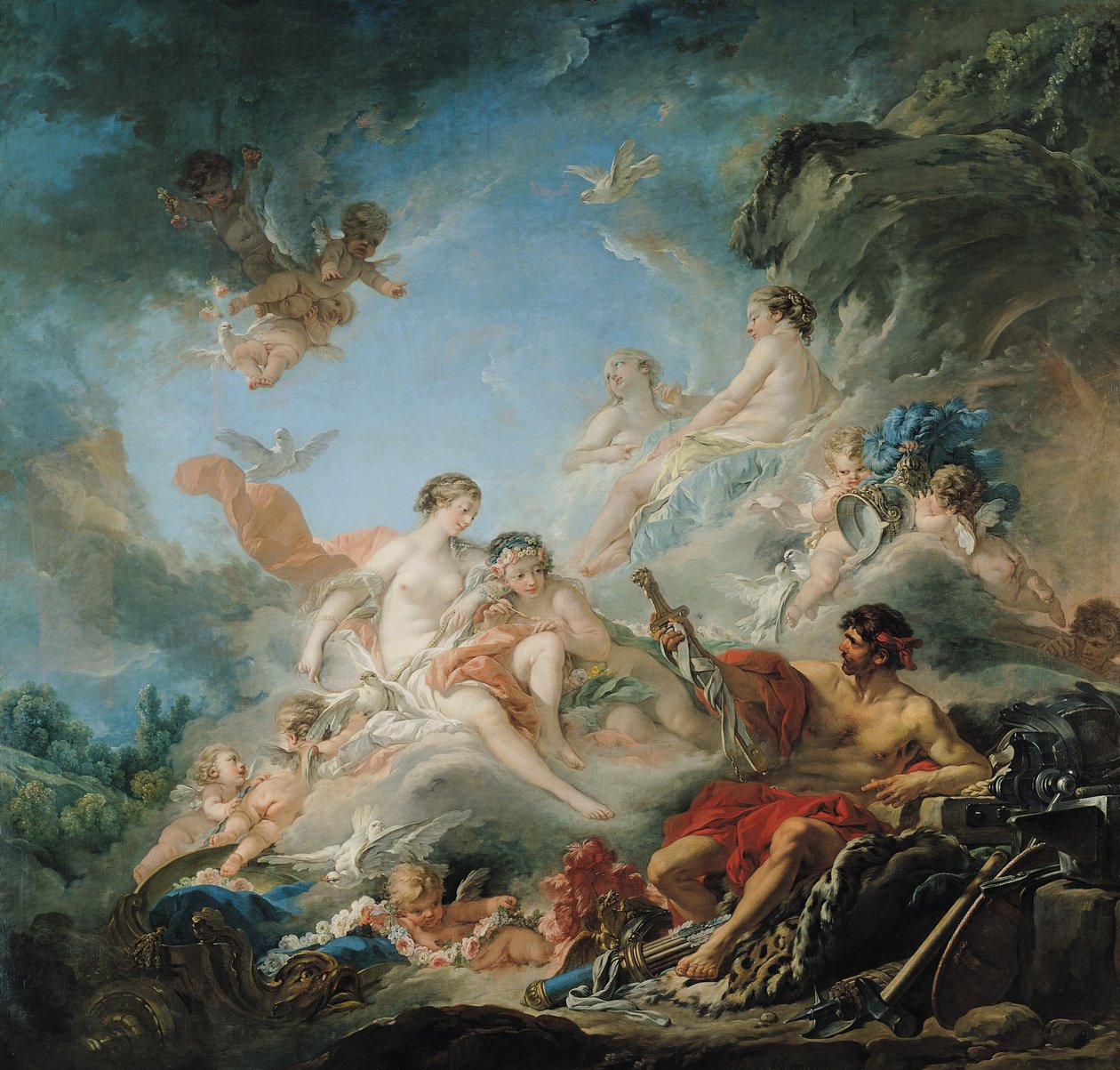 De smidse van Vulcanus, of Vulcanus presenteert wapens voor Aeneas aan Venus, tapijtkarton door François Boucher