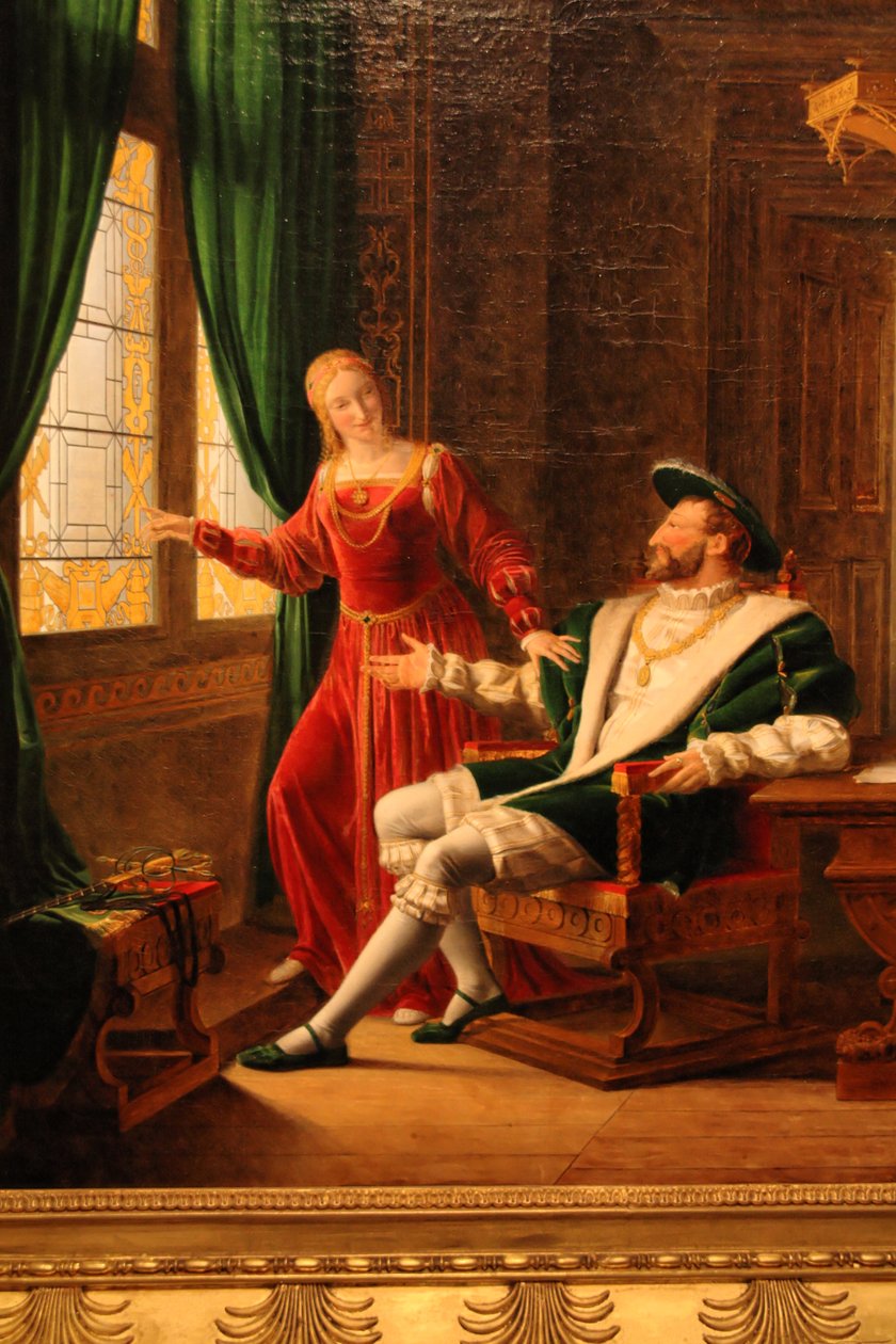 François I toont Marguerite de Navarre, zijn zus, de verzen die hij zojuist met zijn diamant op een ruit heeft geschreven door François Fleury Richard