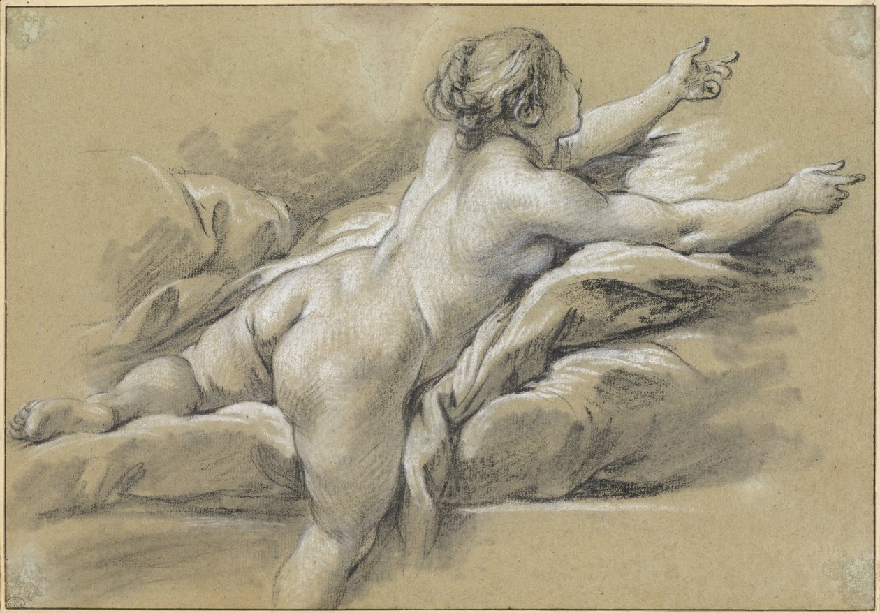 Een Naakte Vrouw die naar Rechts Reikt door François Boucher