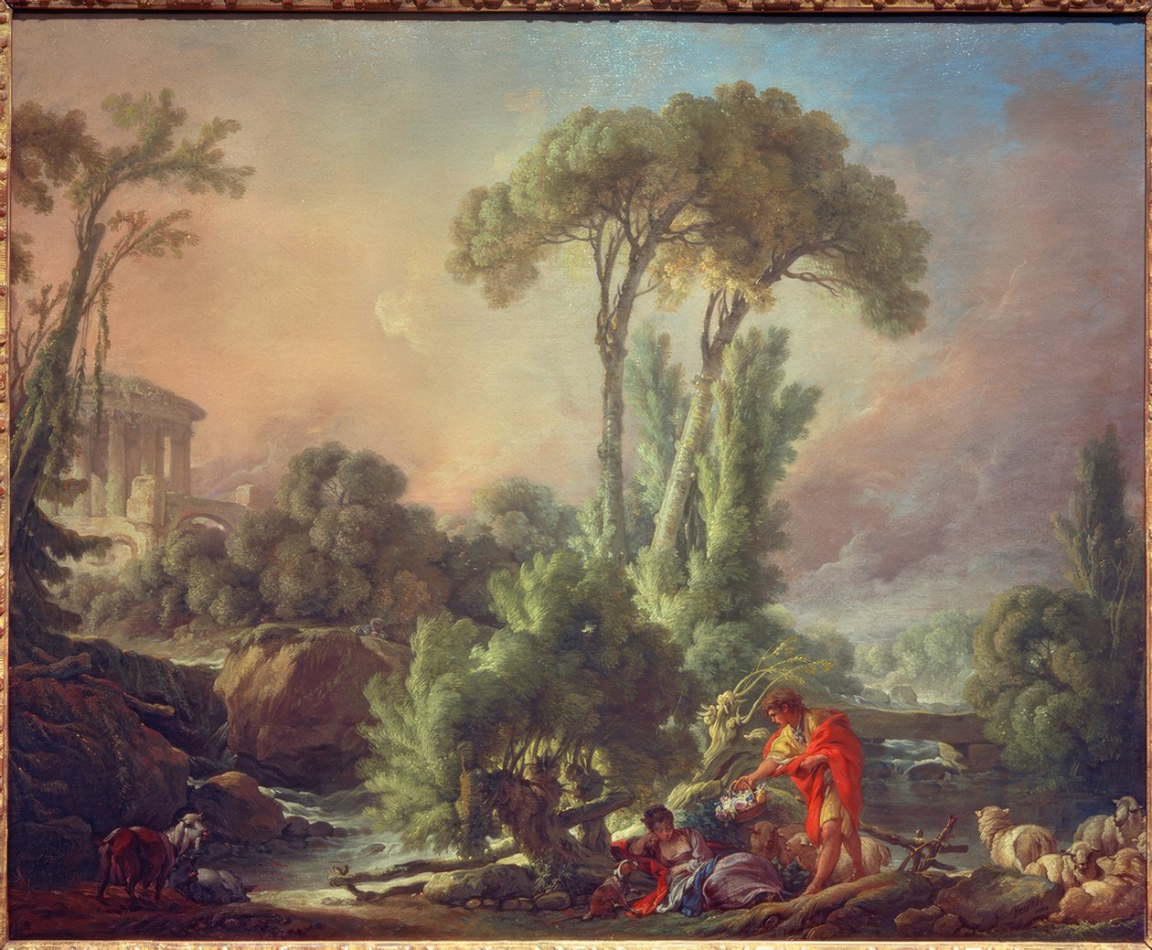 Rivierlandschap met antieke tempel door François Boucher