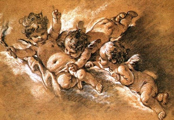 Drie putti in wolken door François Boucher