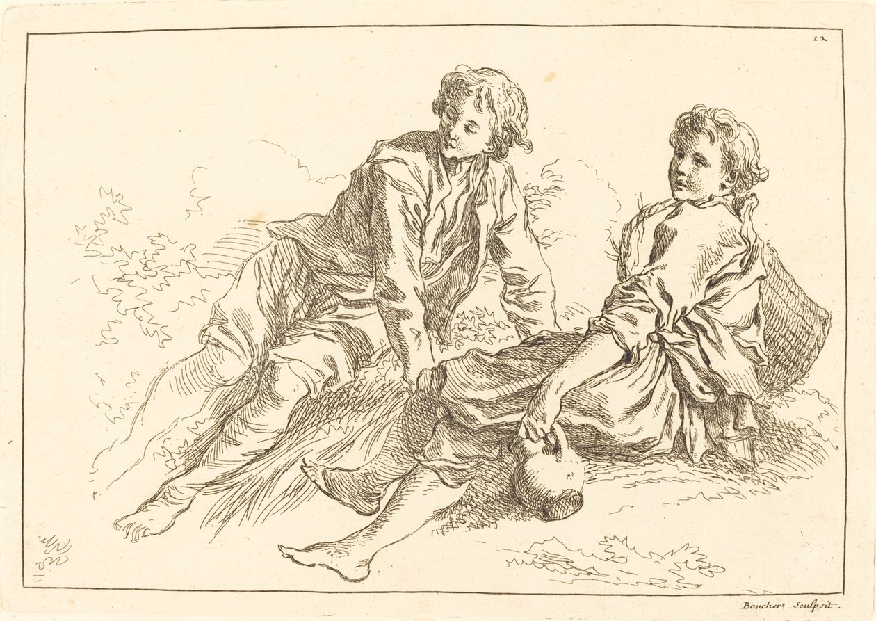 Liggende Herderjongens door François Boucher after Abraham Bloemaert