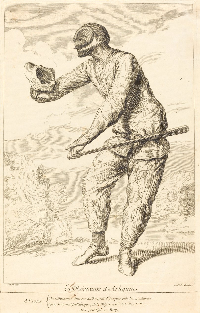 De Reverence van Arlequin door François Joullain after Claude Gillot