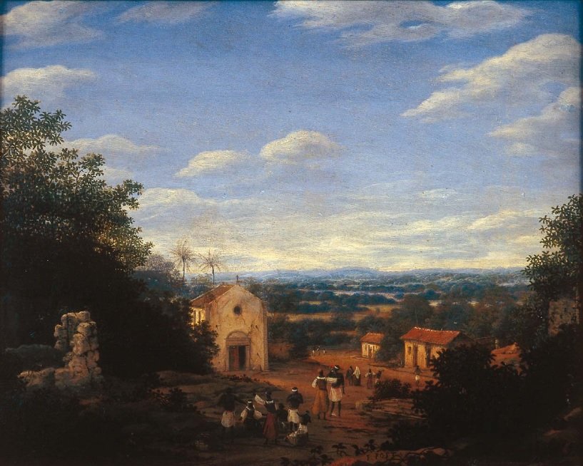 Kerk van de Heiligen Cosmas en Damian in de Braziliaanse stad Igarassu door Frans Post