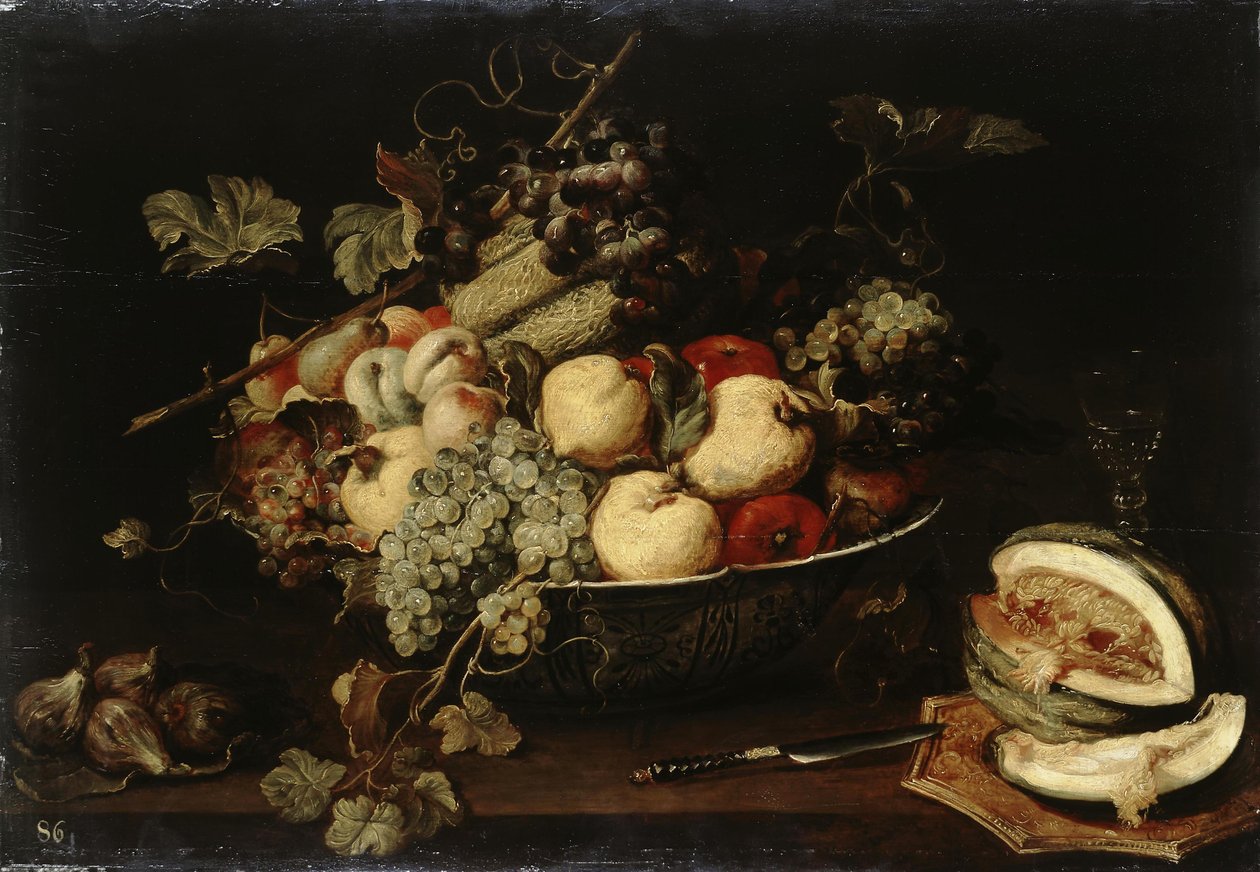 Fruit in een kom en een gesneden meloen door Frans Snyders or Snijders