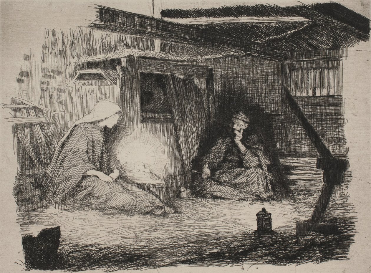 Maria, het Christuskind en Jozef op kerstochtend door Frans Schwartz