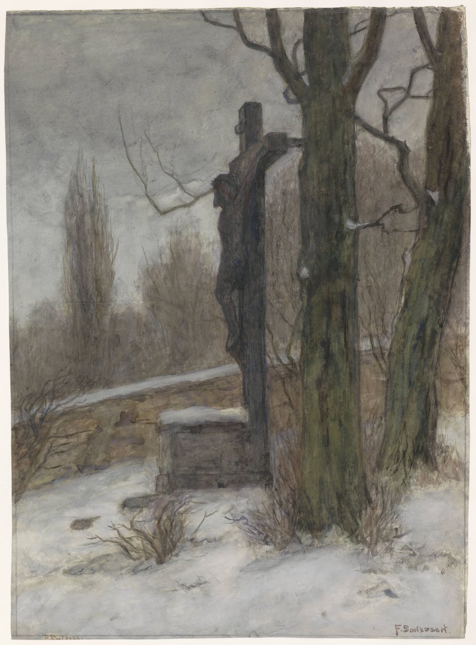 Kruisbeeld in een besneeuwd bos door Frans Alexander Evert Lodewijk Smissaert