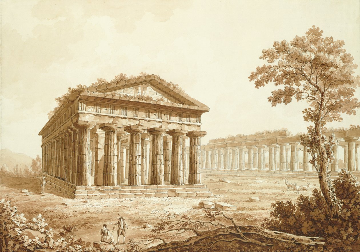De Tempel van Neptunus en de Basiliek in Paestum door Franz Kaisermaan