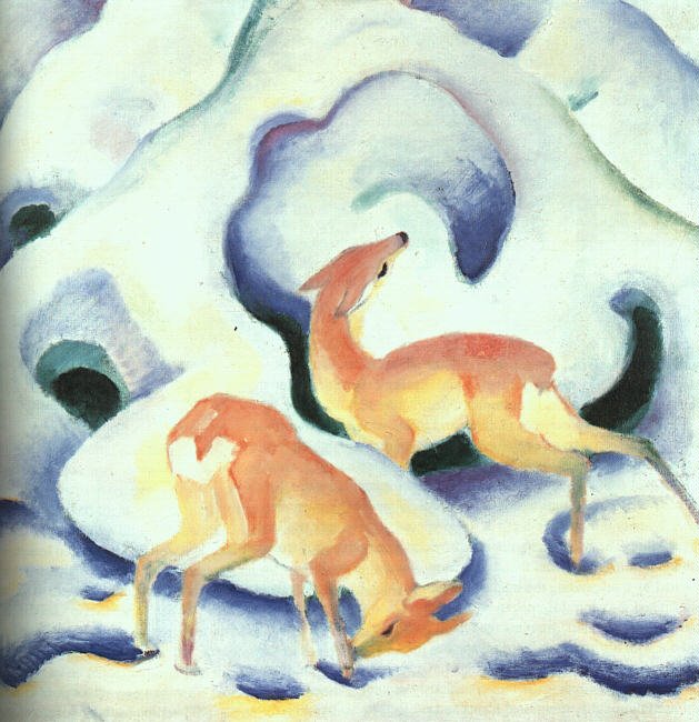 Herten in de sneeuw door Franz Marc