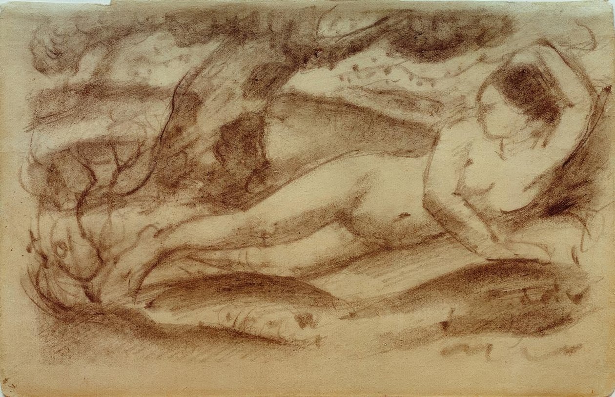 Liggend vrouwelijk naakt in landschap door Franz Marc