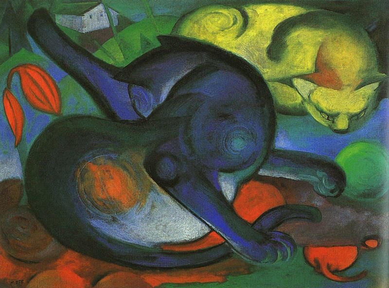 Twee katten, blauw en geel door Franz Marc