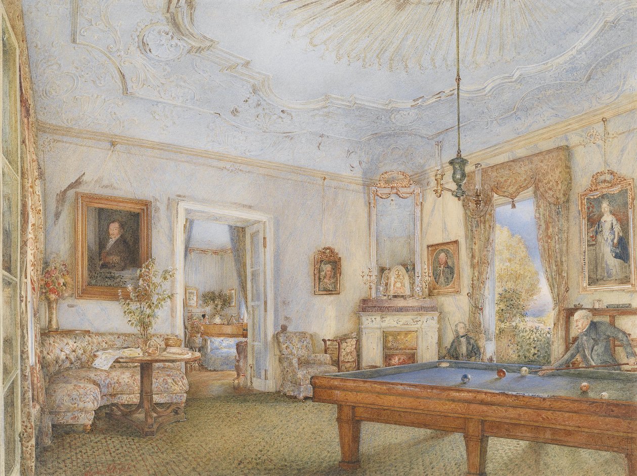 Biedermeier interieur met een biljartspelende heer door Franz Alt