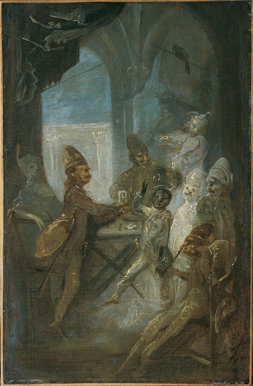 Theaterscène (spelende kinderen als soldaten?) door Franz Anton Maulbertsch