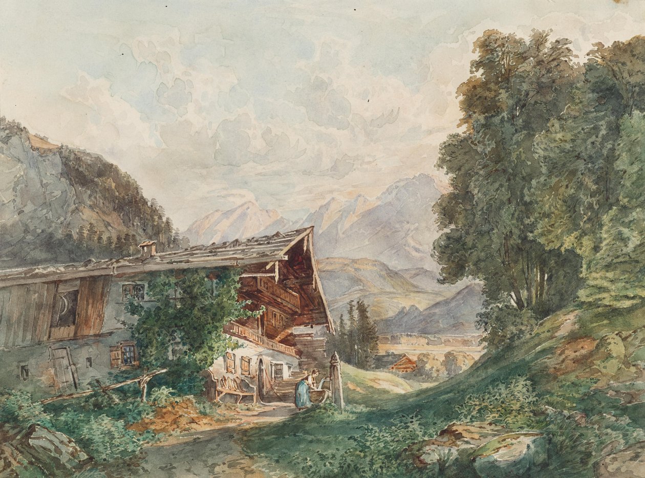 Alpenlandschap met boerderij en vrouw bij de fontein door Franz Barbarini