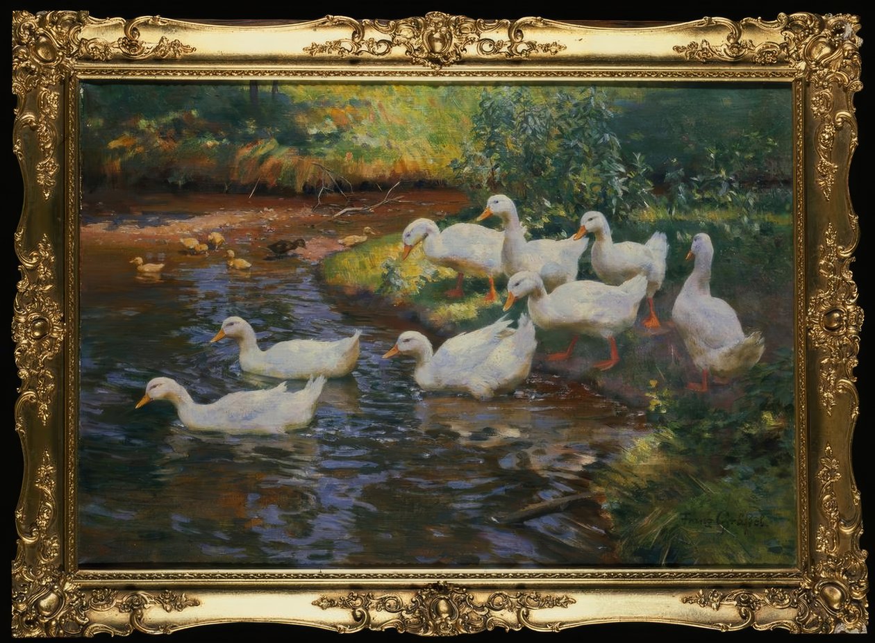 Eendenfamilie (Eenden met kuikens aan de oever) door Franz Grassel